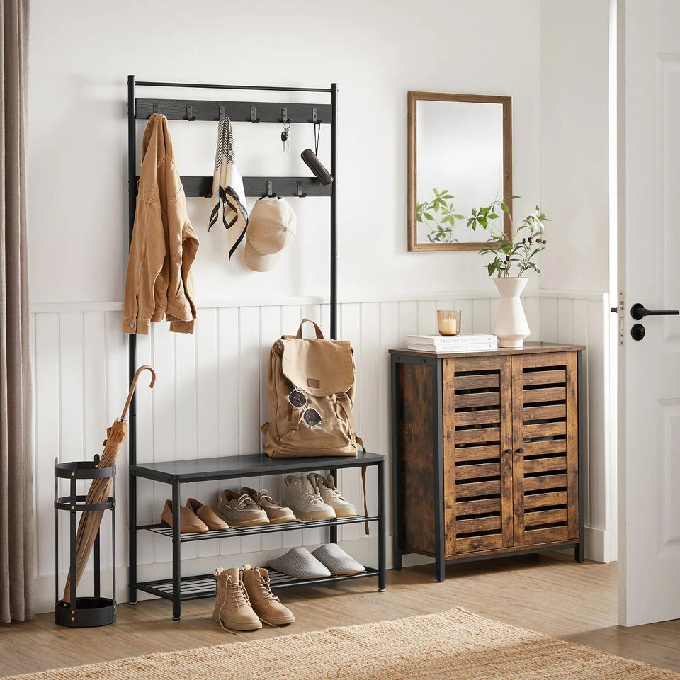 ACAZA XL Garderoberek Met Schoenenbank, Kapstok En Schoenenrek, 11 Haken, Zwart 4 ACAZA XL Garderoberek Met Schoenenbank, Kapstok En Schoenenrek, 11 Haken, Zwart - Afbeelding 2