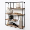 Zwart Metalen Wandrek Met 4 Houten Plankjes - Rechthoek - 55x45x11 Cm